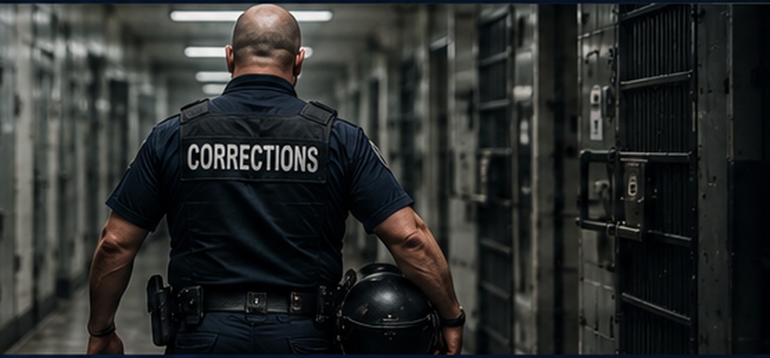 A corrections officer walking through a secure facility after a demanding shift