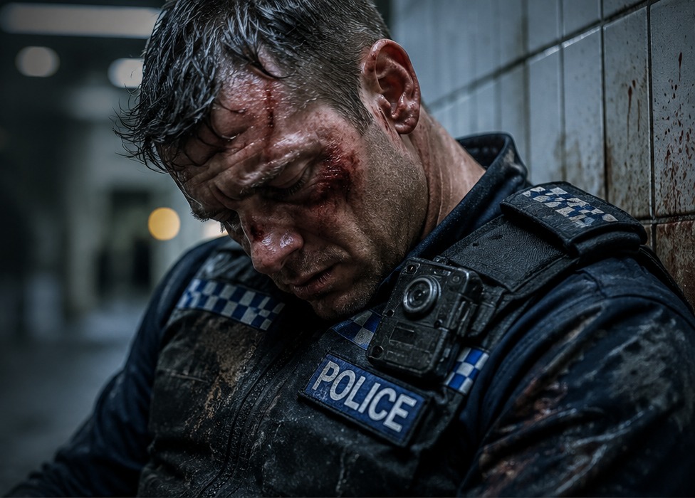 An exhausted frontline police officer after a difficult incident
